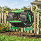 Outdoor dual-chamber tumbling compost bin with green accents on yard