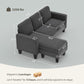Dark gray sectional sofa layout with chaise and side ottoman dimensions.