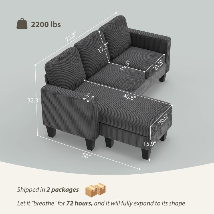 Dark gray sectional sofa layout with chaise and side ottoman dimensions.