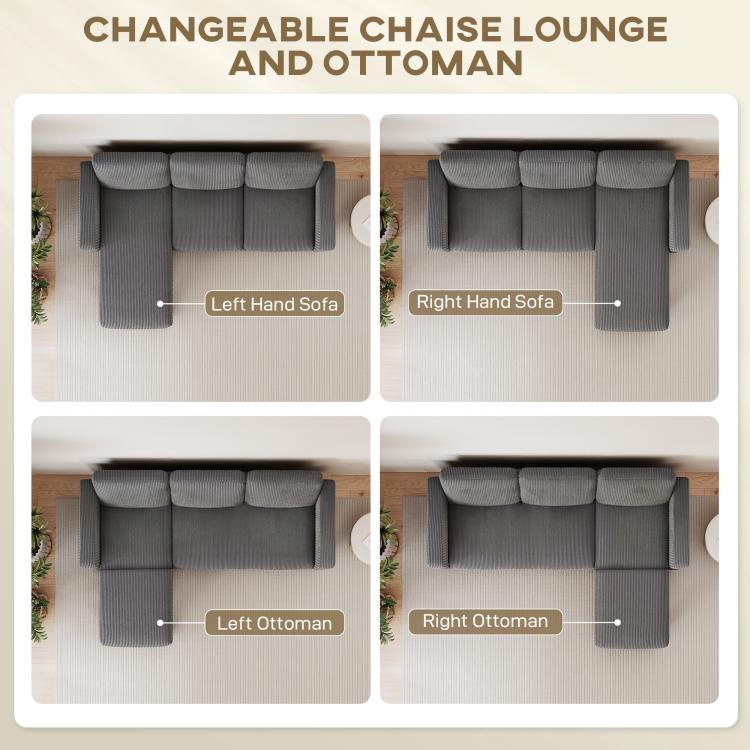 Reversible chaise sectional sofa and ottoman configuration in dark gray.