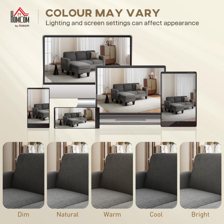 Dark gray sectional sofa shown in different lighting tones, ribbed upholstery.