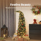 Prelit slim Christmas tree with warm white lights and red ornaments