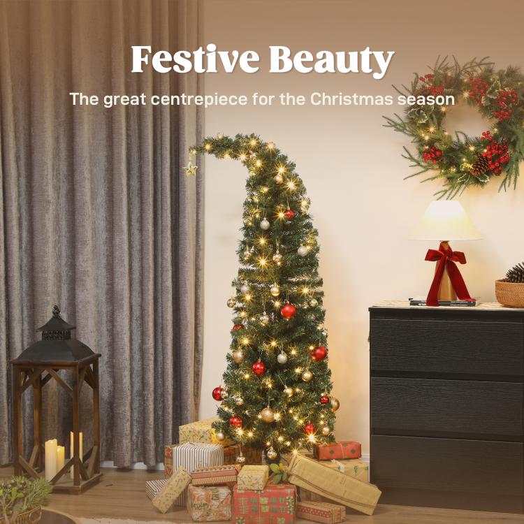 Prelit slim Christmas tree with warm white lights and red ornaments