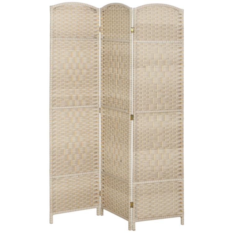 3-panel folding room divider screen in woven light beige with rounded top edges and hinges