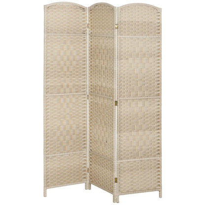 3-panel folding room divider screen in woven light beige with rounded top edges and hinges