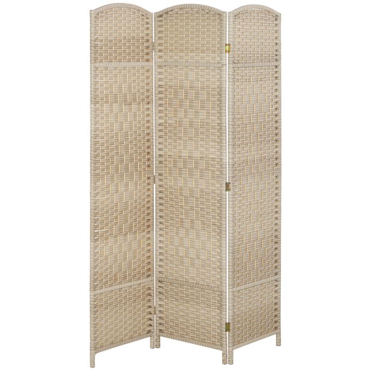 Woven 3-panel room divider screen, light beige fabric with metal hinge accents and fold design