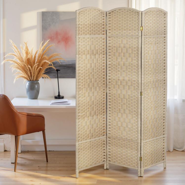 Three-panel folding room divider screen with light woven texture and hinged frame