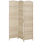 Three-panel folding privacy screen with light woven panels and hinged wooden frame