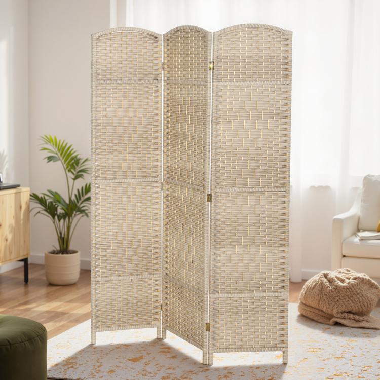 Freestanding 3-panel folding privacy screen with woven light beige panels and metal support feet