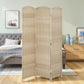 3-panel folding privacy divider screen with woven light beige texture and brass-colored hinge hardware
