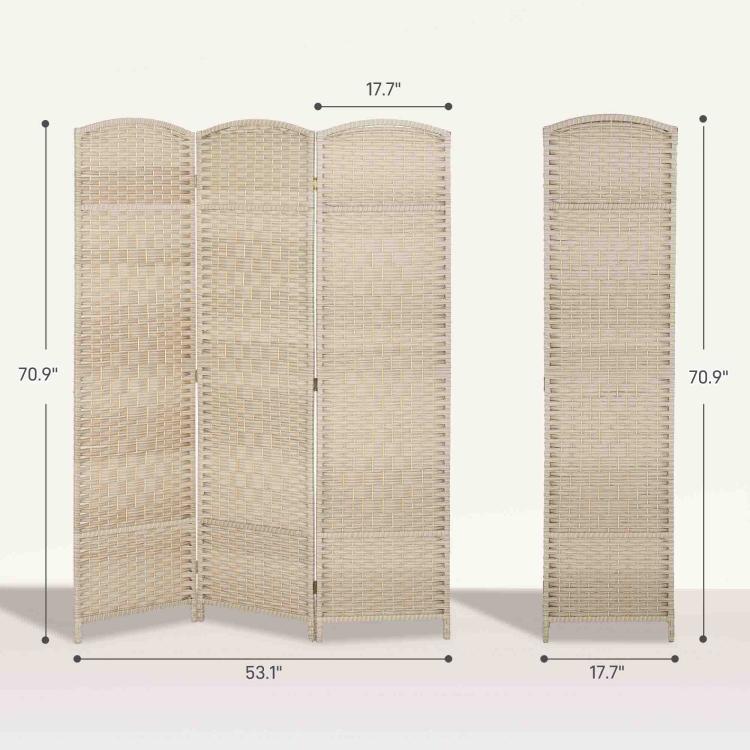 Woven 3-panel room divider dimensions shown: tall folding privacy screen with rounded tops