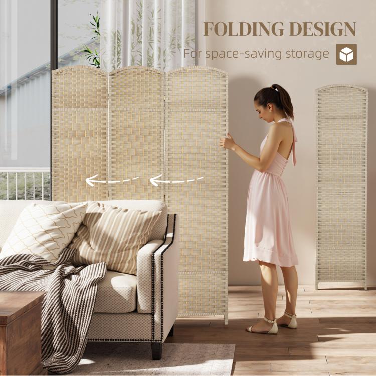 Folding 3-panel privacy screen with woven light beige panels and hinge details, space-saving design