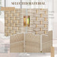 Close-up of woven 3-panel room divider frame with metal hinges on light beige screen panels