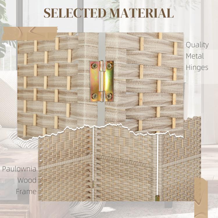 Close-up of woven 3-panel room divider frame with metal hinges on light beige screen panels