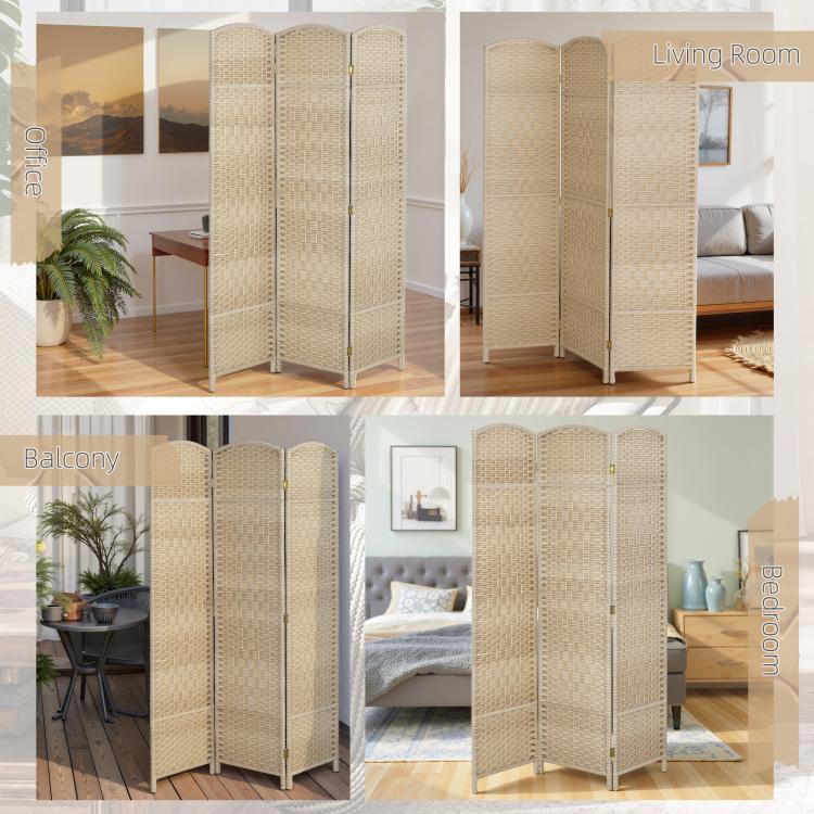 3-panel folding divider shown in multiple room settings, woven light beige privacy screen