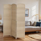 Woven 3-panel room divider privacy screen in light beige with rounded top and metal hinge bars