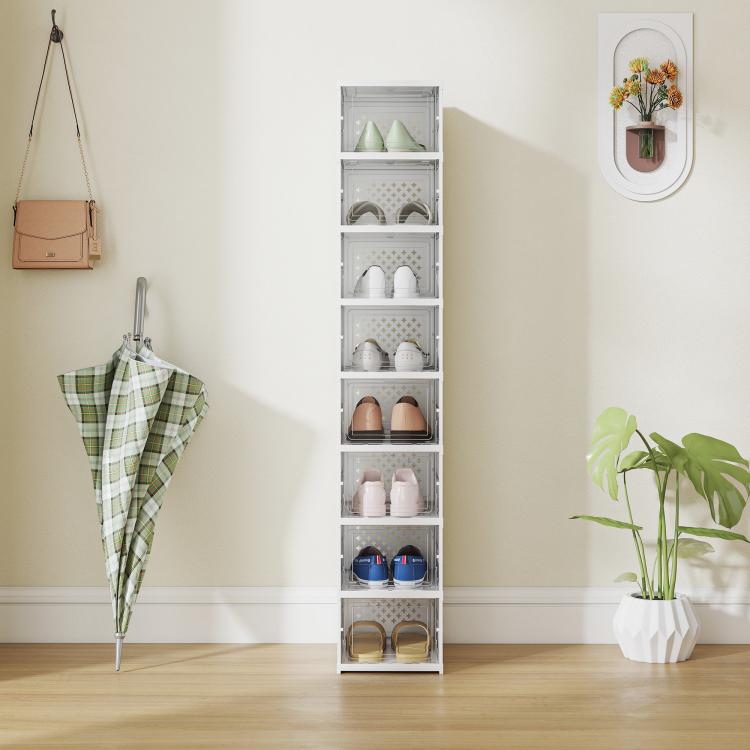 Foldable white plastic shoe storage box with clear door panels and open shelving compartments
