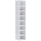 Tall foldable white plastic shoe storage box with clear door panels, empty shelves