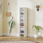 White foldable plastic shoe storage tower with clear front doors, standing near decor