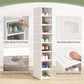White plastic shoe box with clear drop-front door, grooved handle and ventilated back