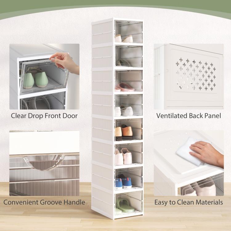 White plastic shoe box with clear drop-front door, grooved handle and ventilated back
