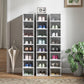 Three white stackable plastic shoe storage towers with clear doors, filled with shoes