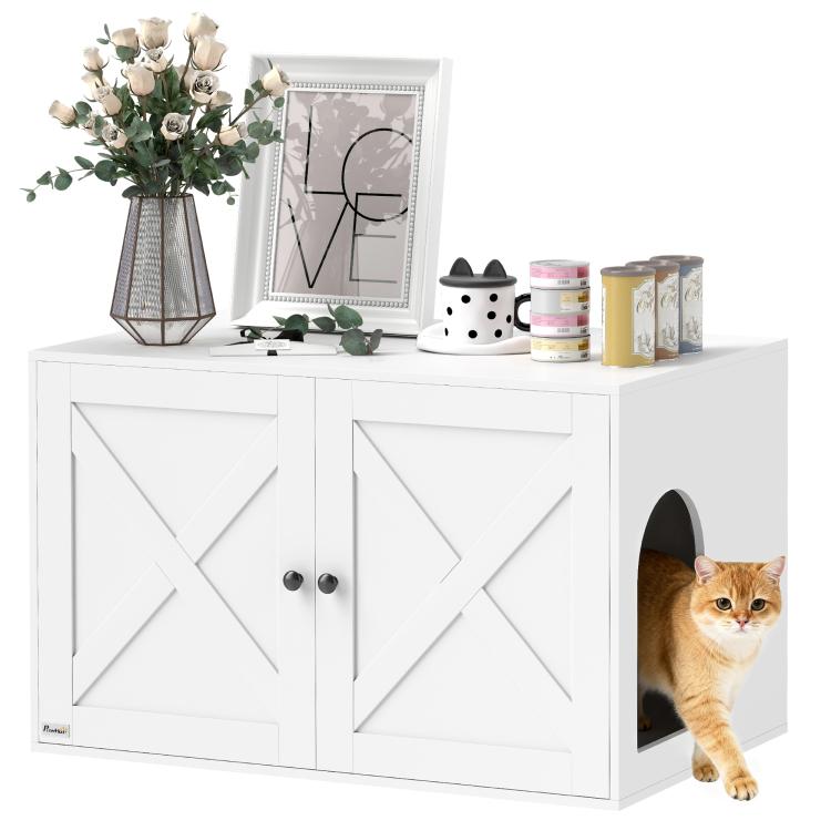 White cat litter box enclosure with barn-style doors and round entry hole