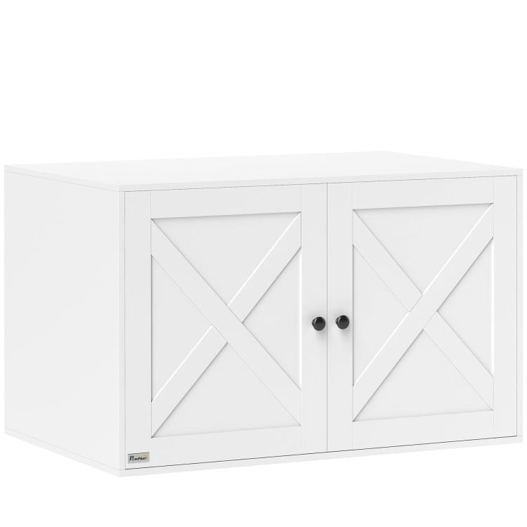 White cat litter box enclosure with two panel doors and symmetrical diamond panels