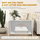 White cat litter box enclosure with open front and litter tray inside
