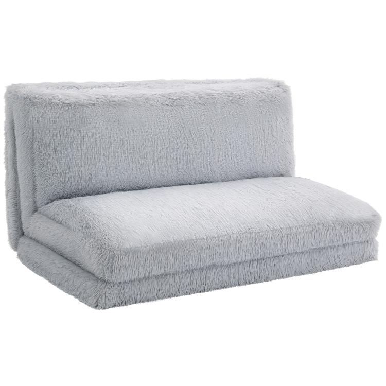 Light gray plush folding floor sofa bed with upright backrest and padded seat