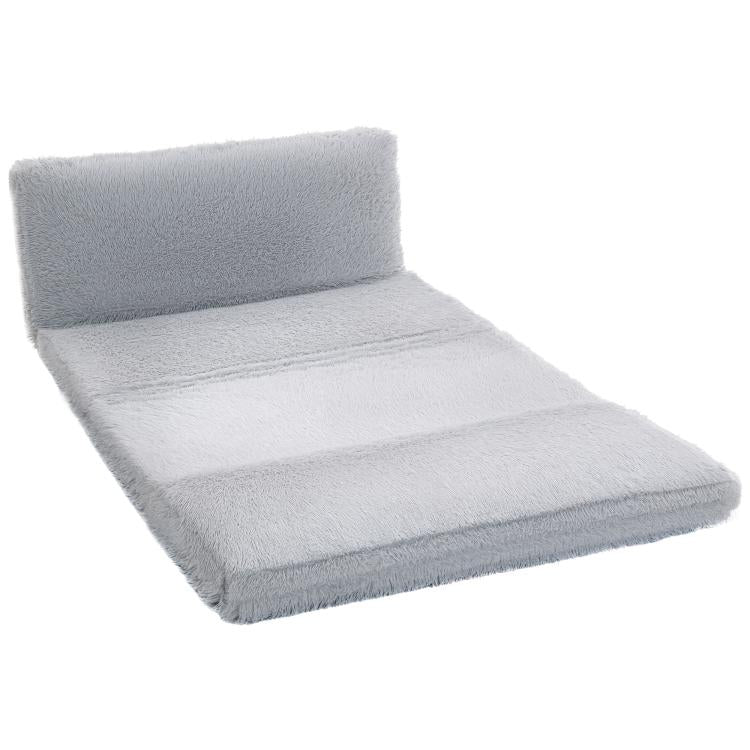 Light gray plush folding floor sofa bed with low seat and upright backrest