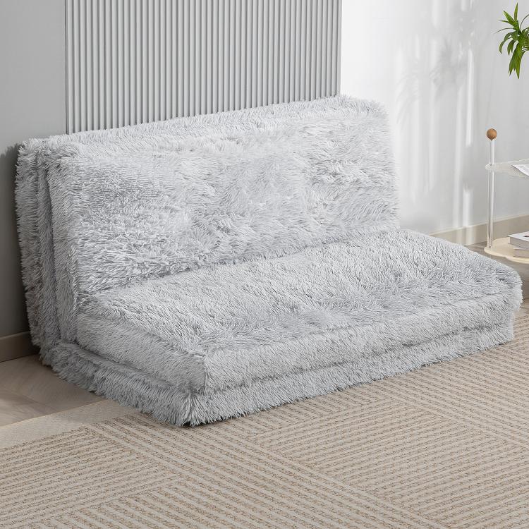 Light gray shaggy floor sofa bed with raised backrest and thick cushioned base