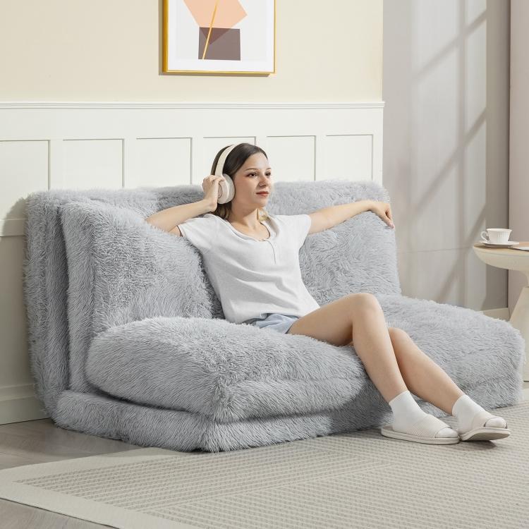 Light gray plush floor sofa bed lounge chair with wide seat and tall backrest