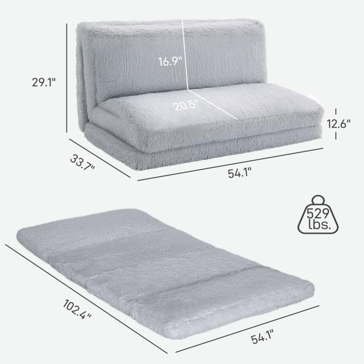 Light gray plush folding floor sofa bed shown folded and unfolded for use