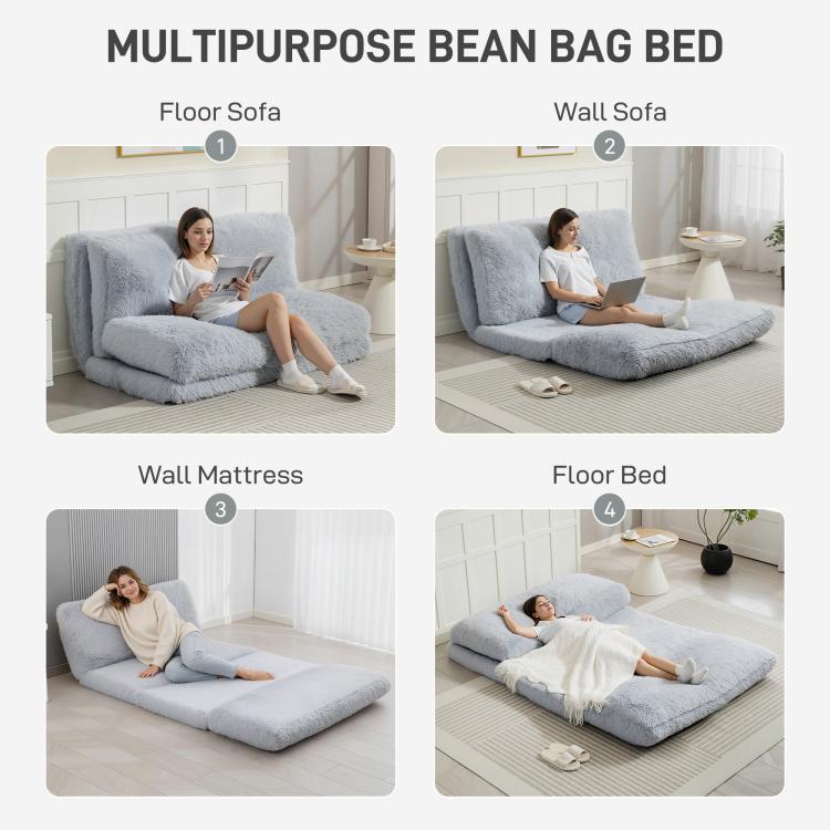 Light gray plush multipurpose bean bag bed convertible floor sofa bed with backrest