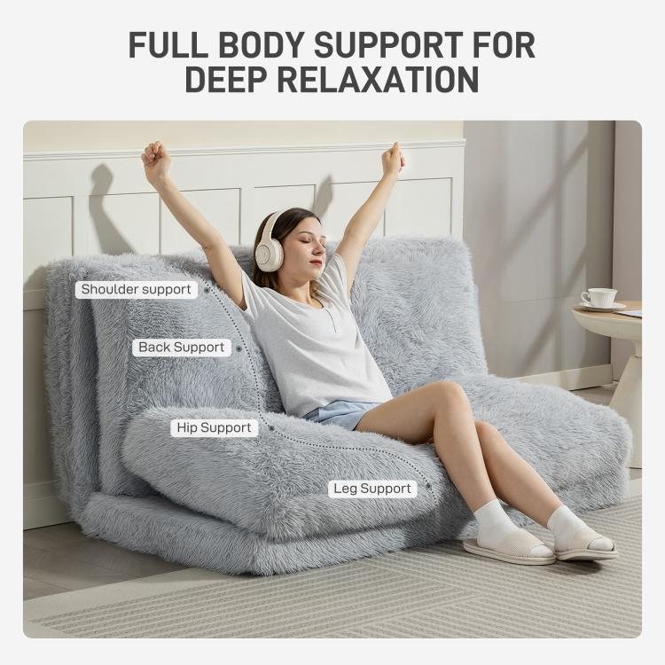 Light gray plush floor sofa bed with cushioned support for back and legs