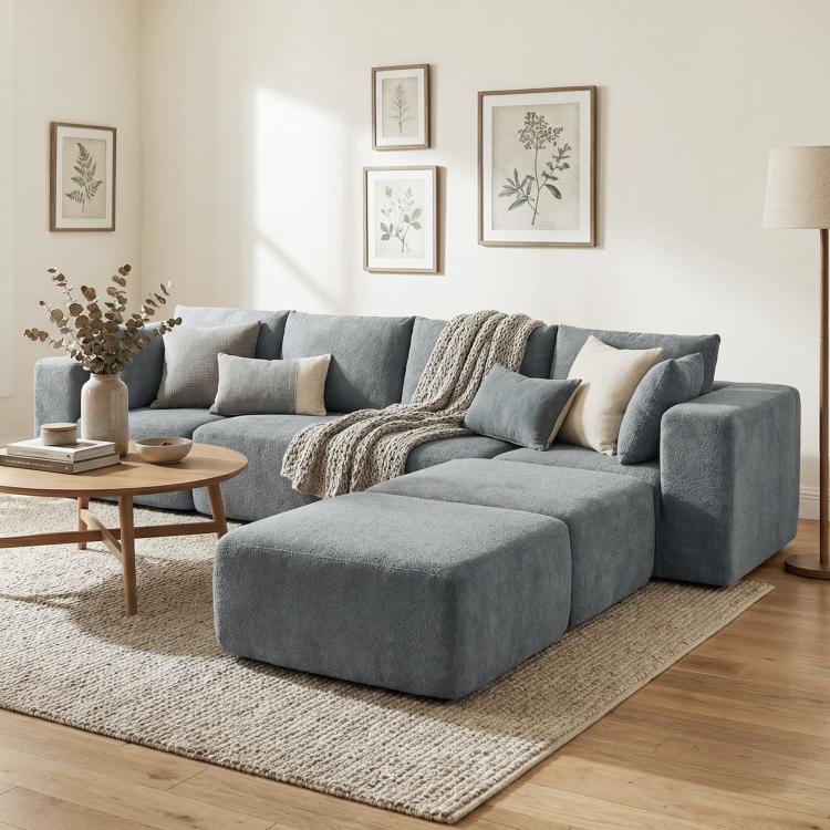 Dark gray modular sectional sofa with chaise ottoman and layered back cushions
