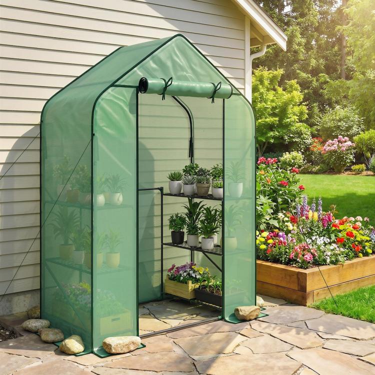 Portable green greenhouse with UV PE cover, roll-up door, six-shelf frame