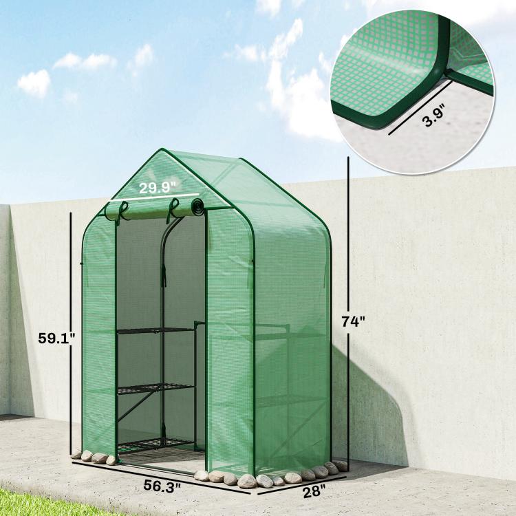 Portable green greenhouse with roll-up door and PE cover, shown with base