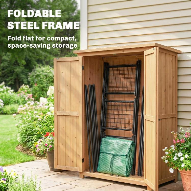 Foldable greenhouse steel frame stored in a wooden cabinet with green cover