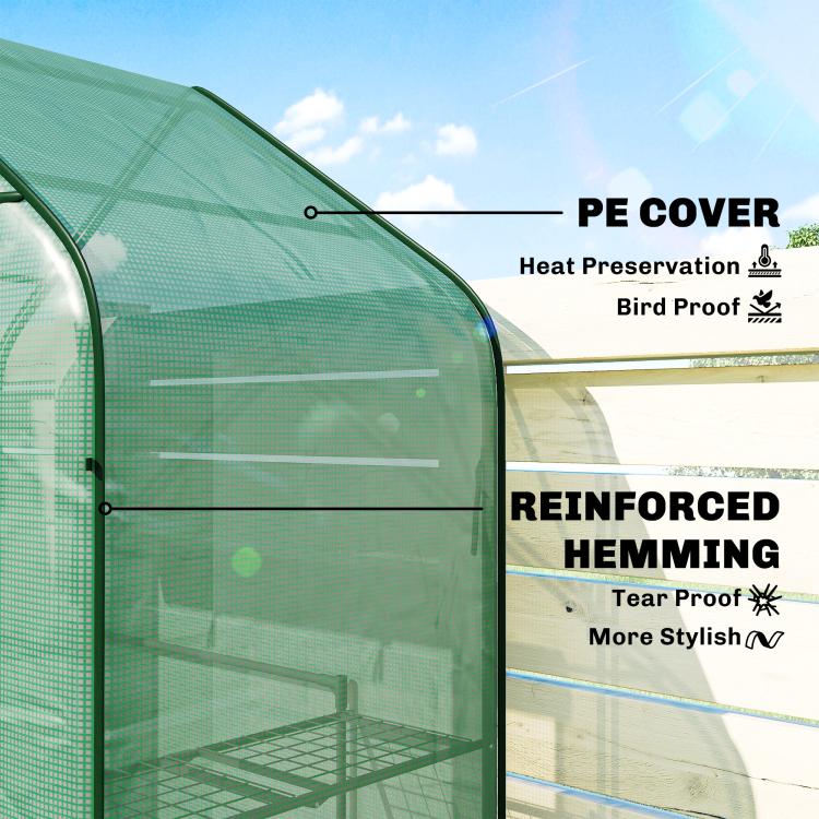 Green PE greenhouse cover panel with reinforced hem and mesh texture