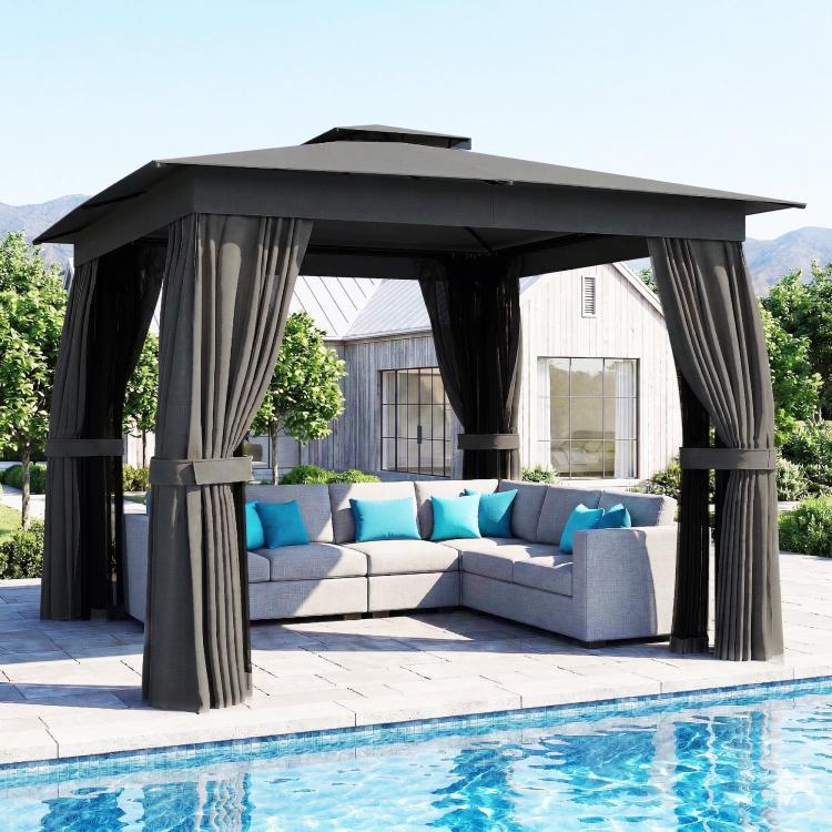 Dark gray soft-top patio gazebo with hanging curtains and open sides