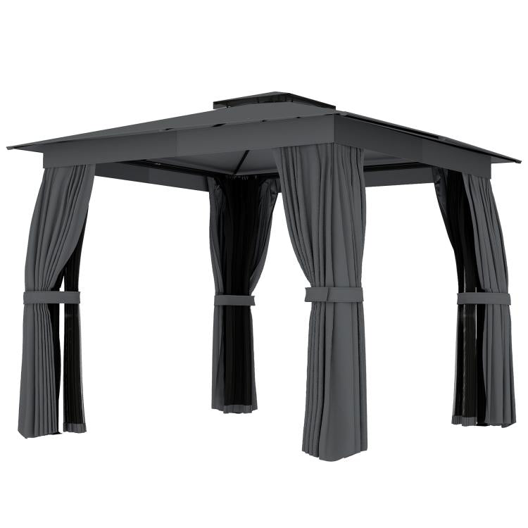Dark gray patio gazebo with curtains gathered at posts, open front