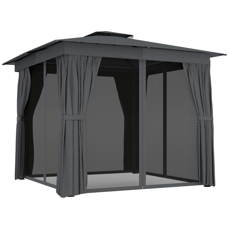 Dark gray patio gazebo with soft roof and hanging curtain panels on steel frame