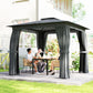 Dark gray patio gazebo with curtains framing a backyard dining area