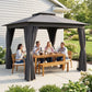 Dark gray patio gazebo with full curtains around an outdoor dining table