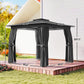 Dark gray soft-top gazebo on a raised wood deck with hanging side curtains