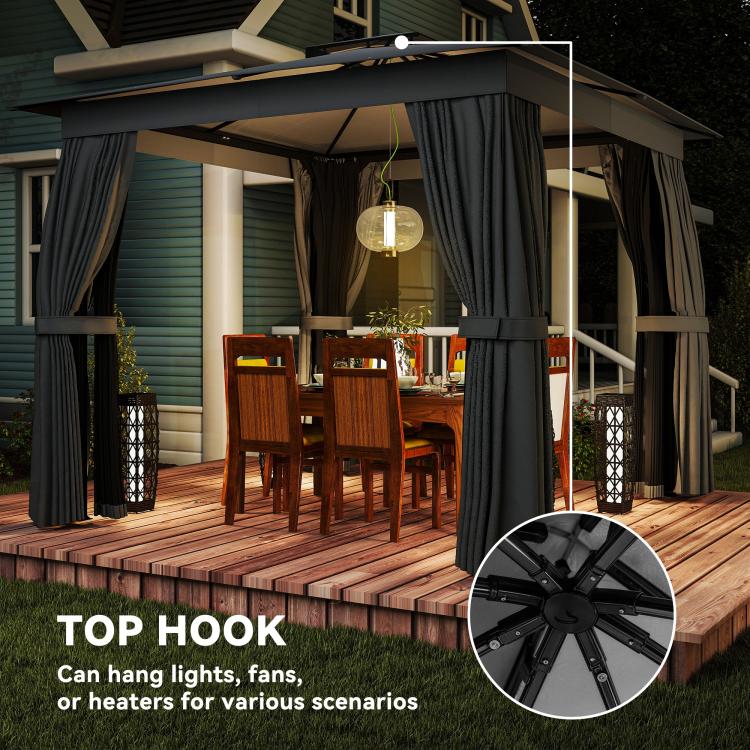 Patio gazebo with top hook and dark gray curtains over an outdoor dining set