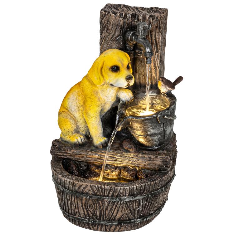 Rustic resin outdoor fountain with a yellow dog statue and three-tier water basin.