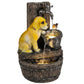 Three-tier dog-themed fountain with metal pump spout and flowing water stream.